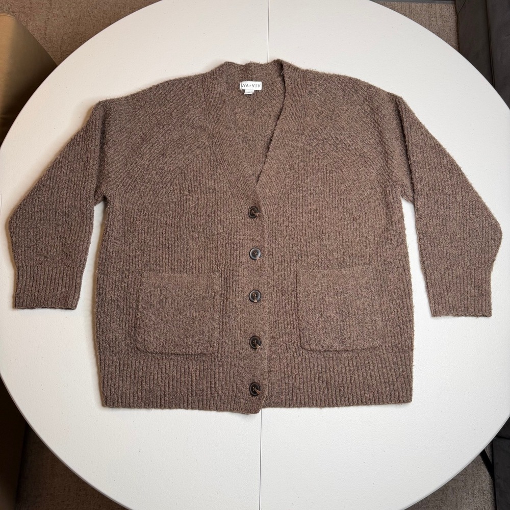 Ava & Viv Womens XXL Brown Ribbed Knit Button Front Cardigan Sweater Brown Marl